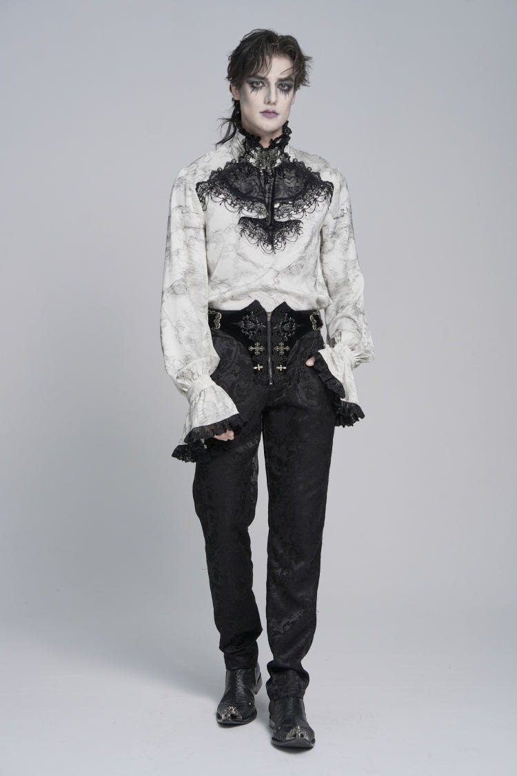 White Stand Collar Long Trumpet Marble Printed Sleeves Embroidered Spliced Men's Gothic Palace Shirt - Product - 8