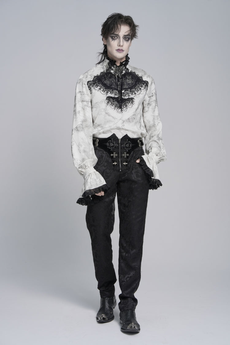 White Stand Collar Long Trumpet Marble Printed Sleeves Embroidered Spliced Men's Gothic Palace Shirt - Product - 8