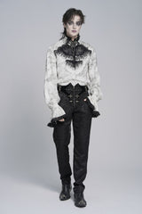 White Stand Collar Long Trumpet Marble Printed Sleeves Embroidered Spliced Men's Gothic Palace Shirt - Product - 8