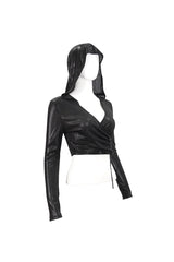 Black Shiny Vertical Grain Texture Tied Rope Decoration Hooded Short Women's Punk T-Shirt - Product - 7