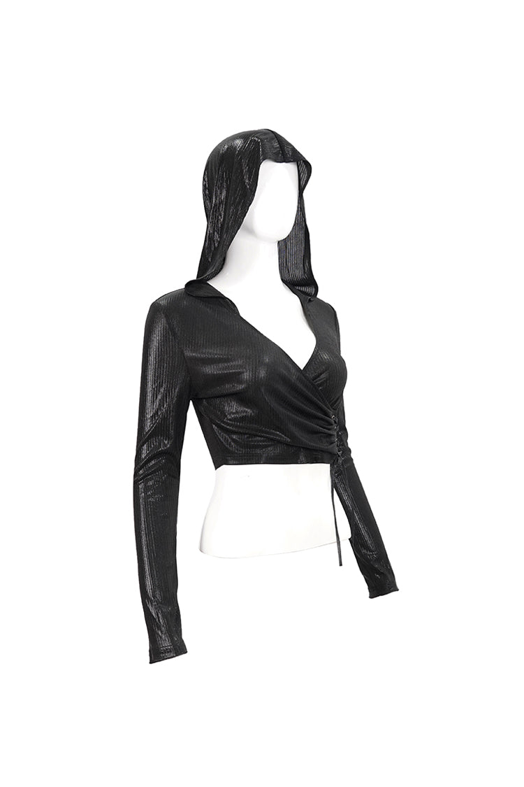 Black Shiny Vertical Grain Texture Tied Rope Decoration Hooded Short Women's Punk T-Shirt - Product - 7