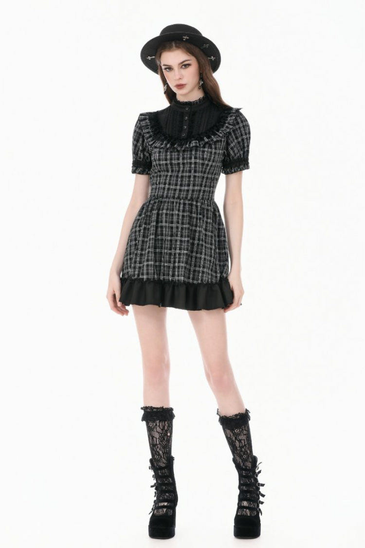 Black/White Plaid Stand Collar Short Puff Sleeves Ruffled  Lace Lace-Up Women's Lolita Gothic Dress - Product - 8
