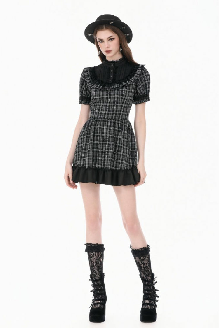 Black/White Plaid Stand Collar Short Puff Sleeves Ruffled  Lace Lace-Up Women's Lolita Gothic Dress - Product - 8