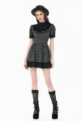 Black/White Plaid Stand Collar Short Puff Sleeves Ruffled  Lace Lace-Up Women's Lolita Gothic Dress - Product - 8