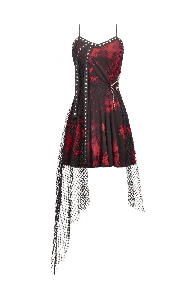 Red Sleeveless Mesh Hem Asymmetric Tie-dyed Women's Punk Slip Dress - Product - 3