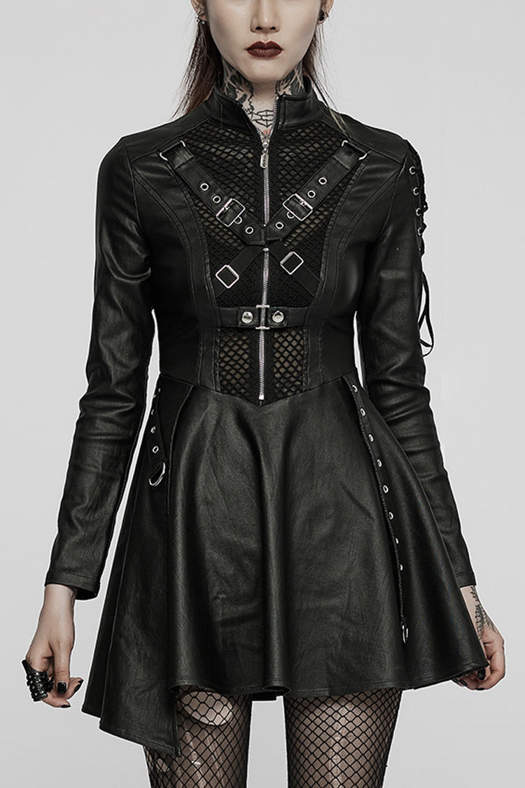 Black Long Sleeves Stitching Slim Mesh Asymmetric Hem Women's Steampunk Dress - Black - 1