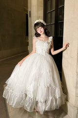 White [Moonlight Sonata] Ruffle Cardigan Bowknot Lace Sweet Vintage Lolita Jsk Dress - Product - 4