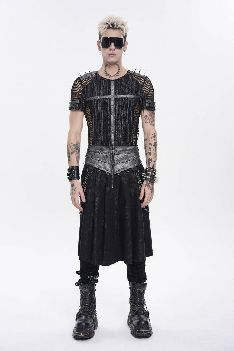 Black Printed Spliced Lace-Up Pleated Chain-Decorated Men's Punk Skirt - Black - 1