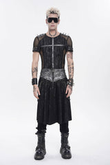 Black Printed Spliced Lace-Up Pleated Chain-Decorated Men's Punk Skirt - Black - 1