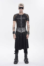Black Printed Spliced Lace-Up Pleated Chain-Decorated Men's Punk Skirt - Black - 1