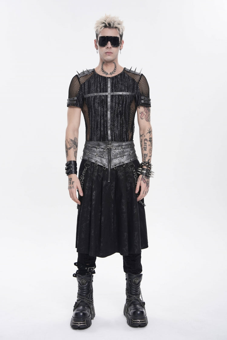 Black Printed Spliced Lace-Up Pleated Chain-Decorated Men's Punk Skirt - Black - 1