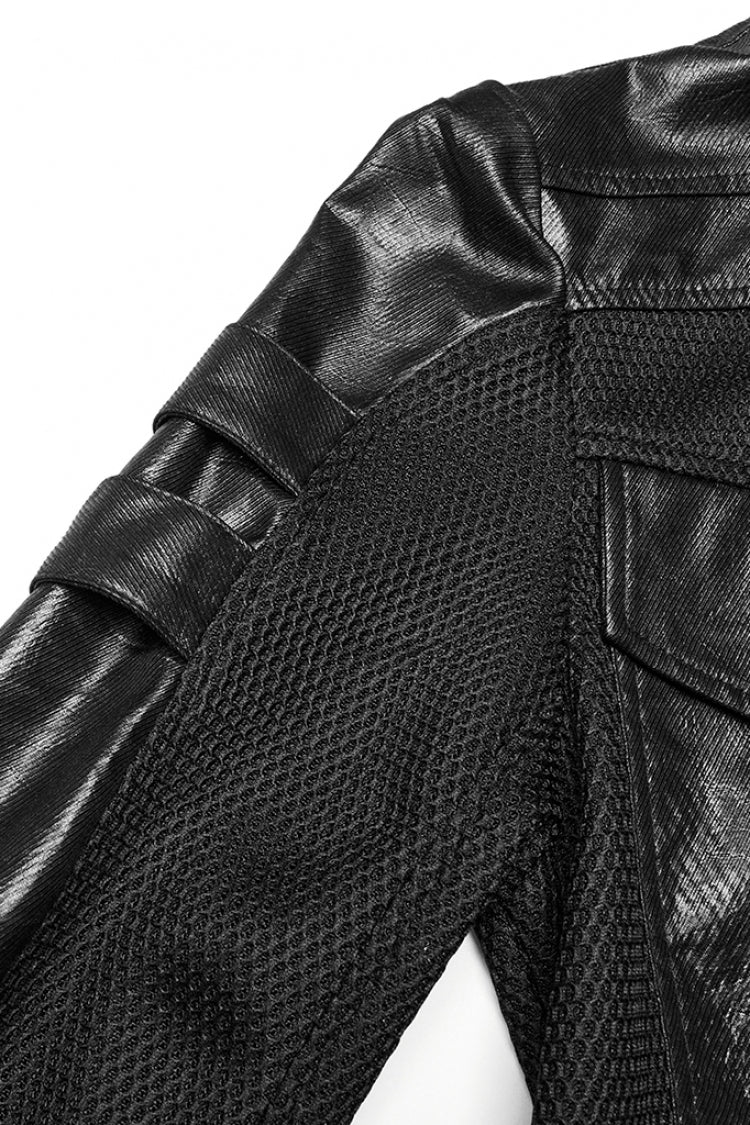 Black Stand Collar Long Sleeves Faux Leather Stitching Mesh Men's Punk Coat - Product - 6