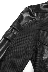 Black Stand Collar Long Sleeves Faux Leather Stitching Mesh Men's Punk Coat - Product - 6
