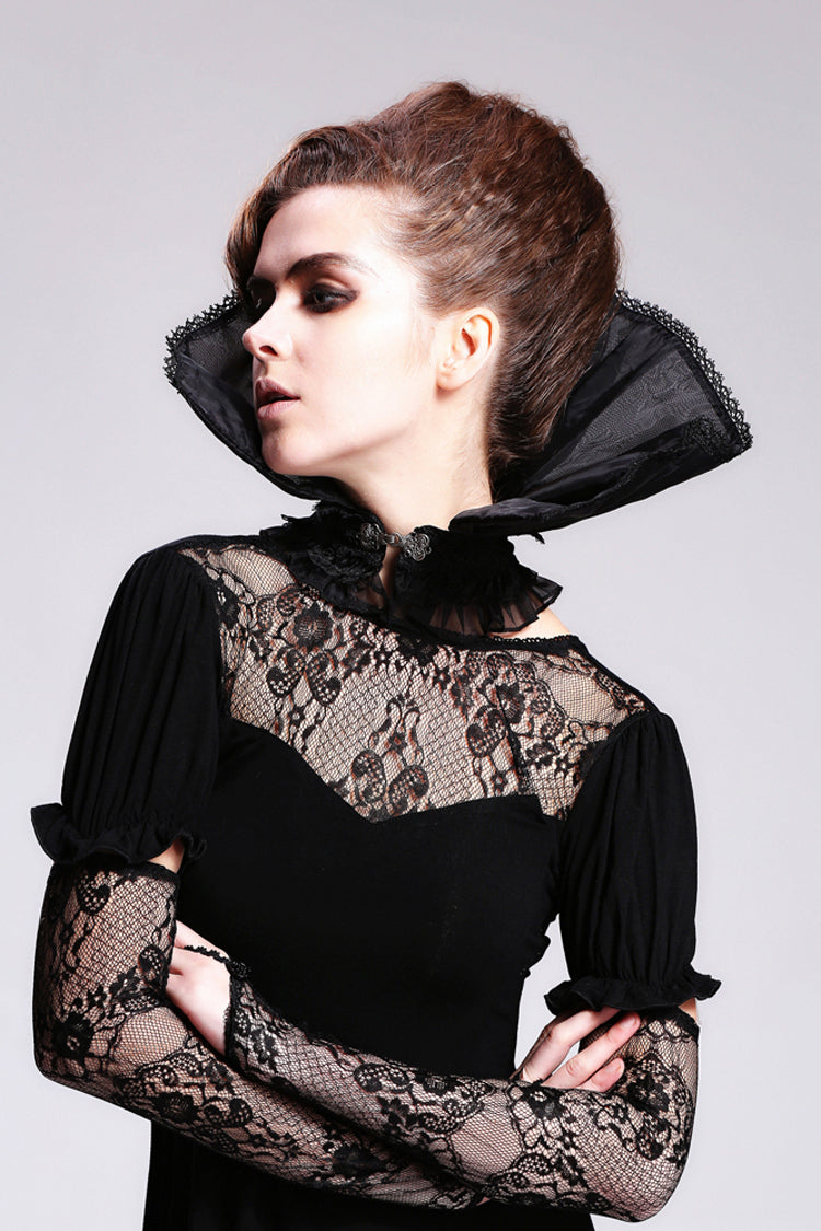 Black Organza Lace Velveteen Women's Gothic Stand Up Collar - Product - 3