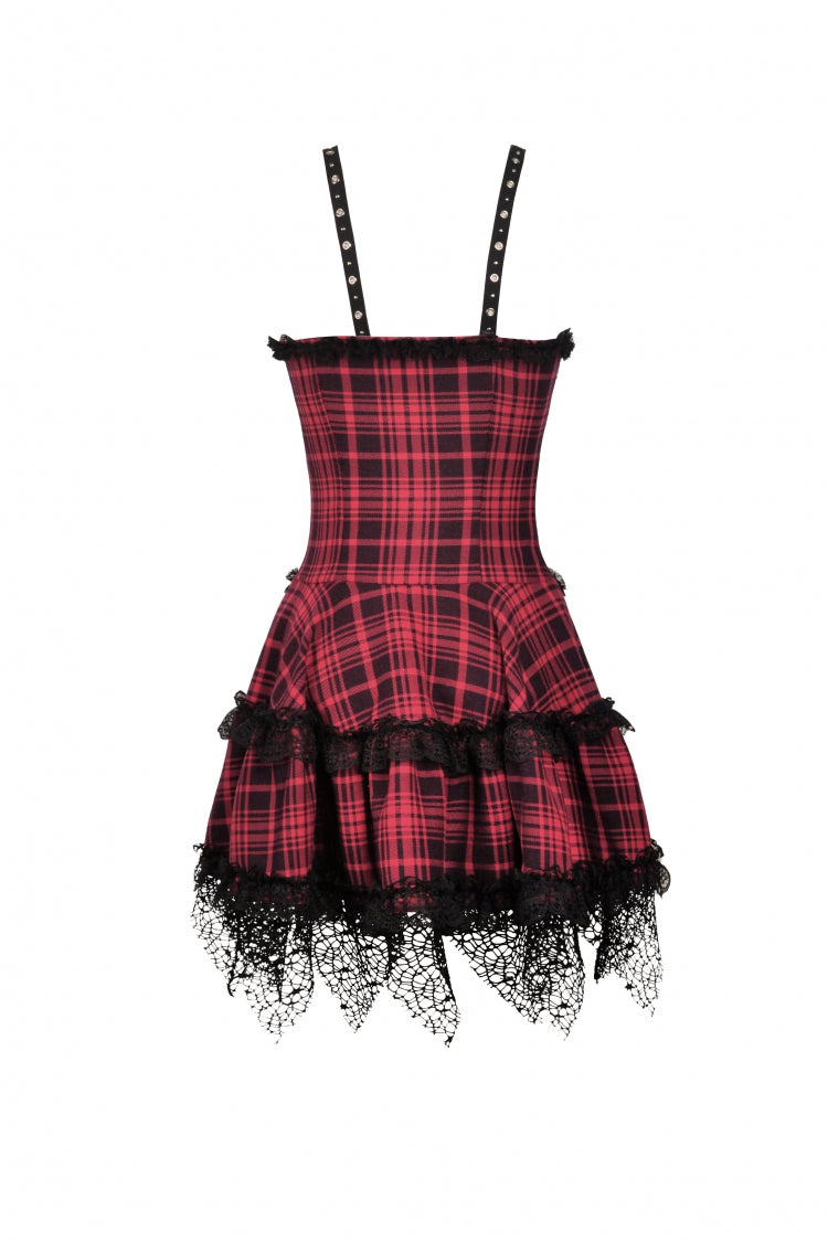 Red Sleeveless Hem Plaid Layered Lace Women's Punk Mini Strap Dress - Product - 12