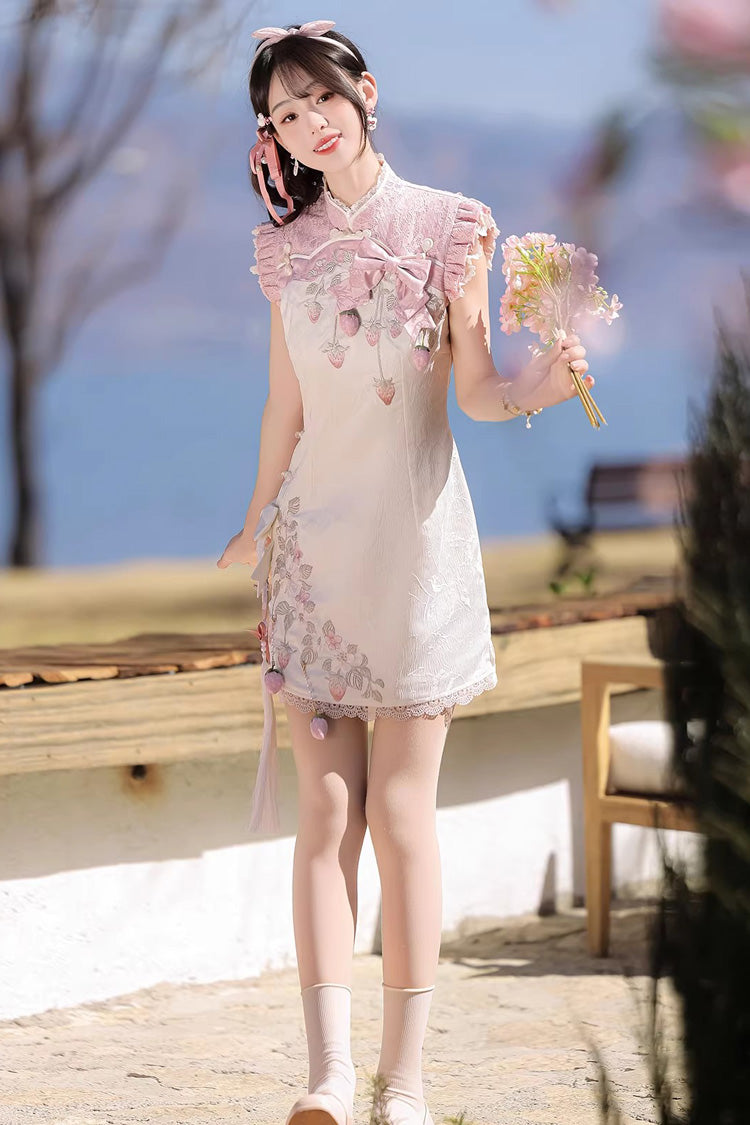 White/Pink [Spring Strawberry] Stand Collar Ruffled Embroidered Lace Color-Blocked Chinese Style Sweet Lolita Dress Cheongsam - Product - 7