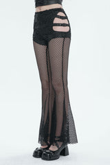 Black Stretch Knit Panel Mesh Cutout Flare Women's Gothic Trousers - Product - 2