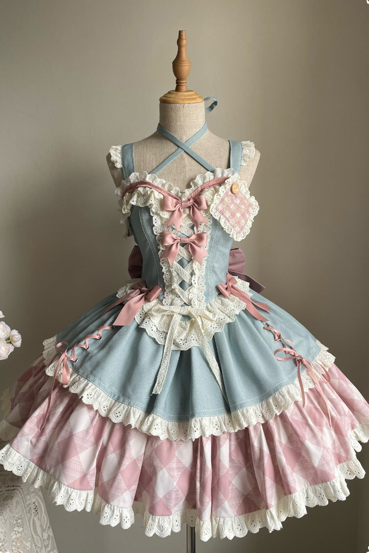 Blue/Pink [Sweetheart Cowboy] Plaid Print Ruffle Bowknot Sweet Lolita Skirt Set - Product - 3