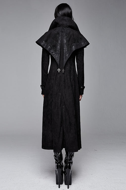 Black Hand Embroidered Big Shawl Collar Zipper Up Long Womens Gothic Coat - Product - 3