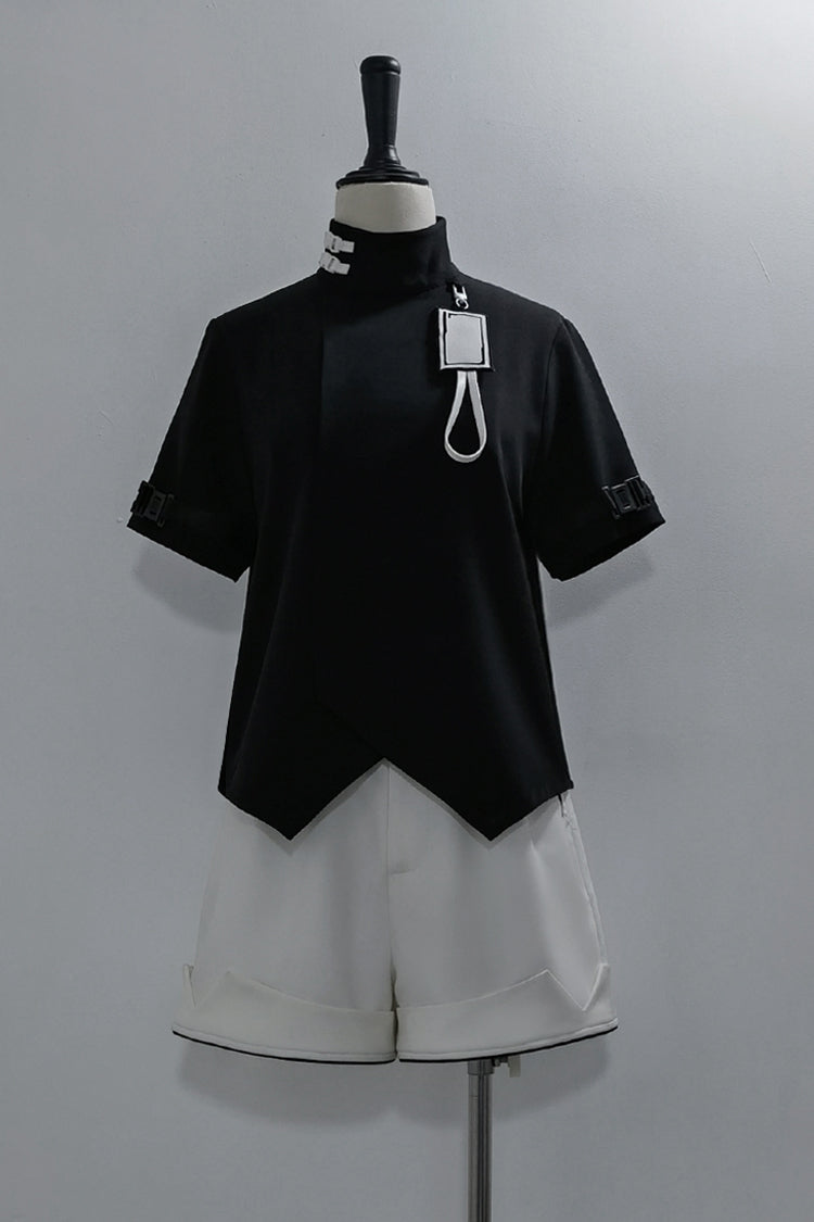 Black Functional Style Stand Collar Short Sleeves Ouji Fashion Prince Handsome Lolita Blouse - Product - 24