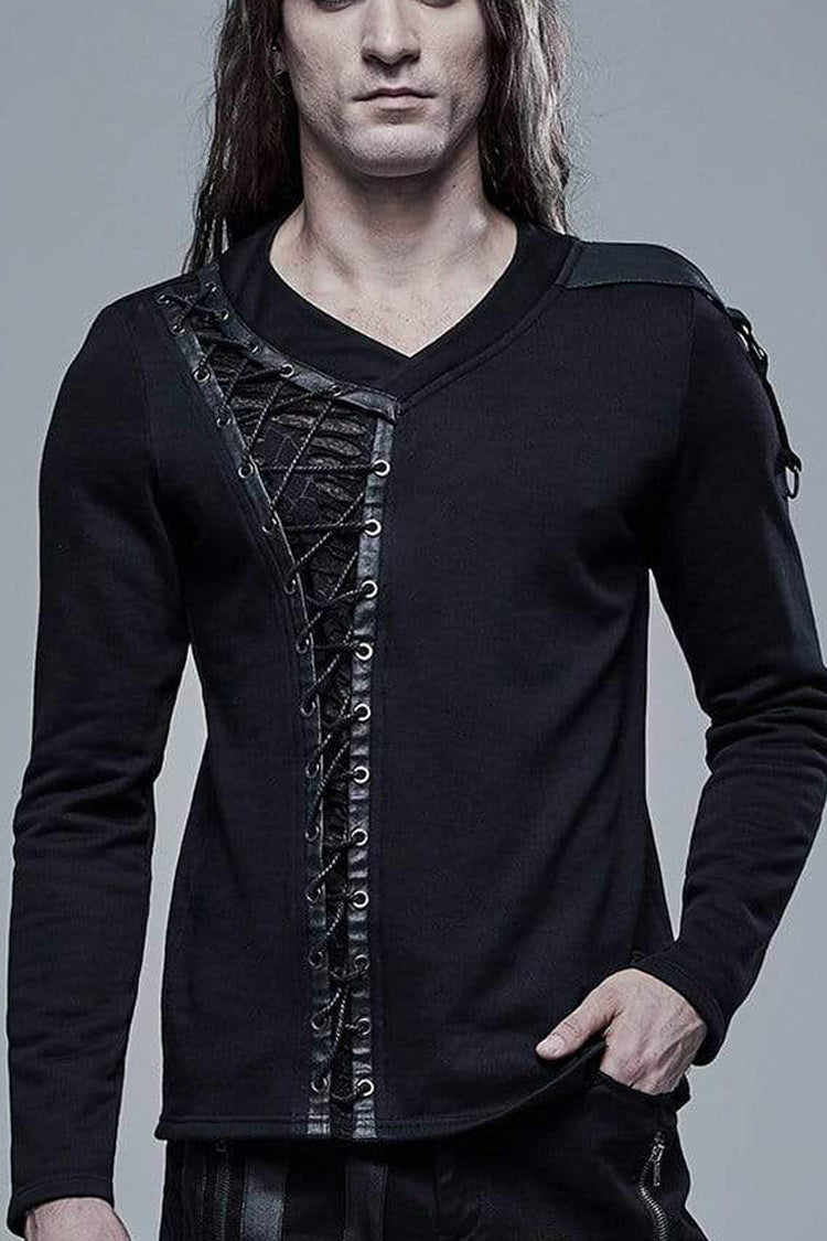Black Long Sleeve Knit Front Splice Imitation Leather Lace Up Men's Punk T-Shirt - Black - 1