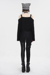 Black Irregular Off Shoulder Fluffy Women's Punk Sweater - Product - 6