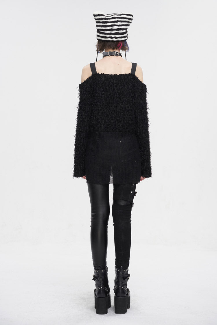 Black Irregular Off Shoulder Fluffy Women's Punk Sweater - Product - 6