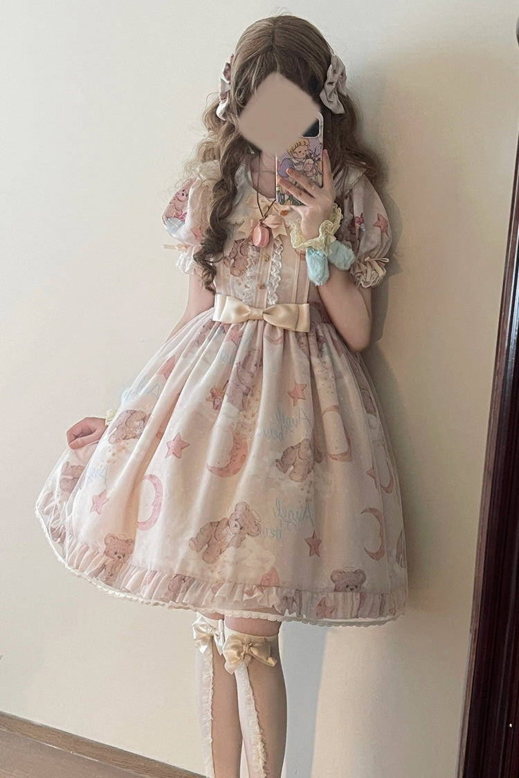 Star Wishing Bear Print Short Sleeves Bowknot Sweet Lolita Dress 2 Colors - Product - 11