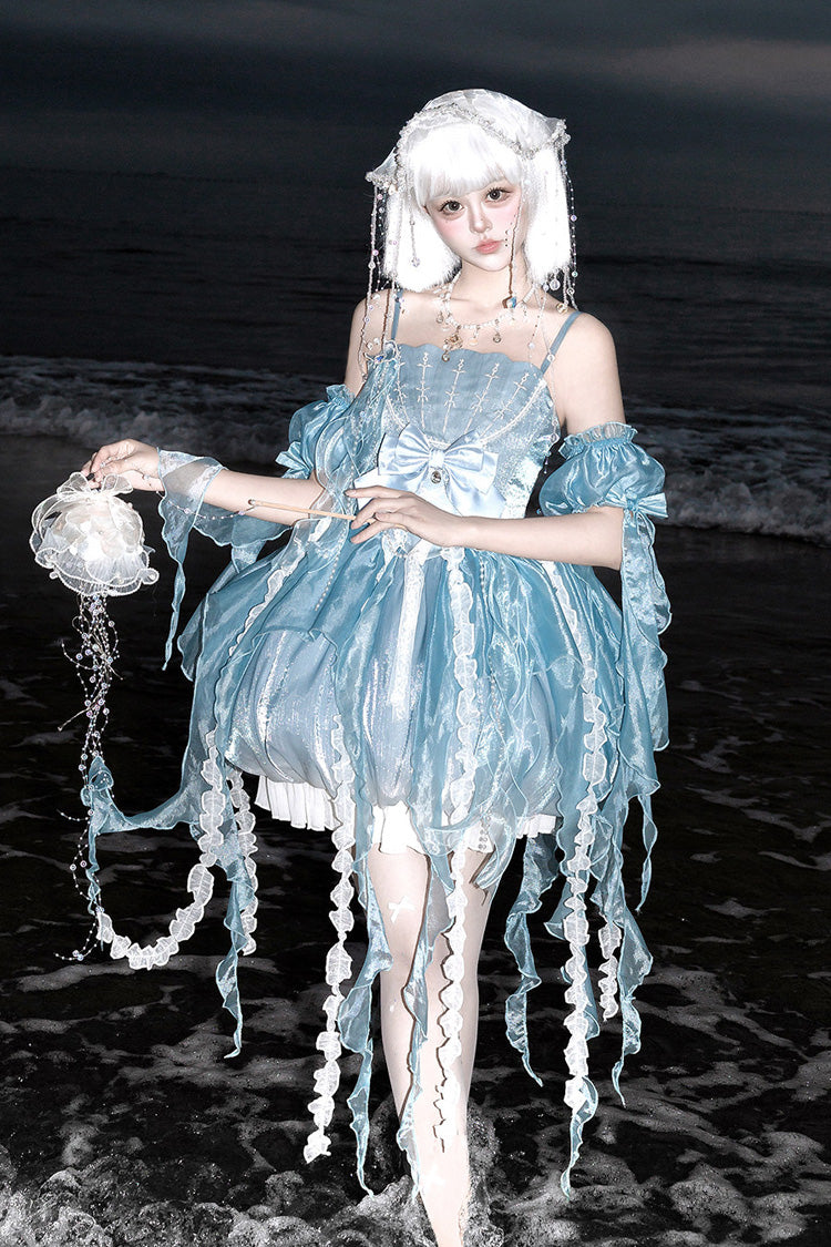 Blue [Dreamy Jellyfish] Square Collar Sleeveless Printed Ruffled Lace Sweet Lolita Jsk Dress Set - Product - 3