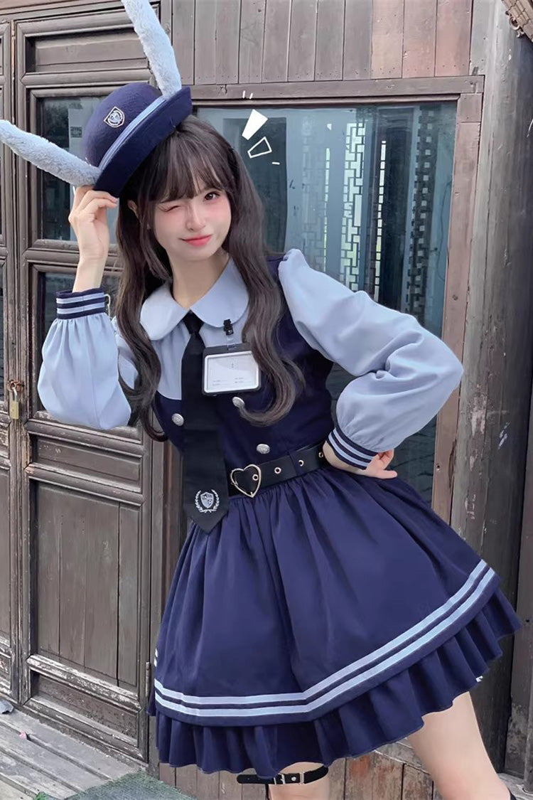 Blue [Rabbit Officer] Long Sleeves Printed Ruffled Faux Two-Piece College Style Sweet Lolita Dress - Product - 4