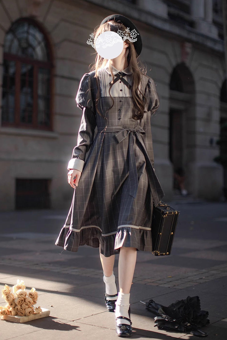 Grey Plaid Print Ruffle Bowknot Classic Vintage College Style Elegant Lolita Dress - Product - 4