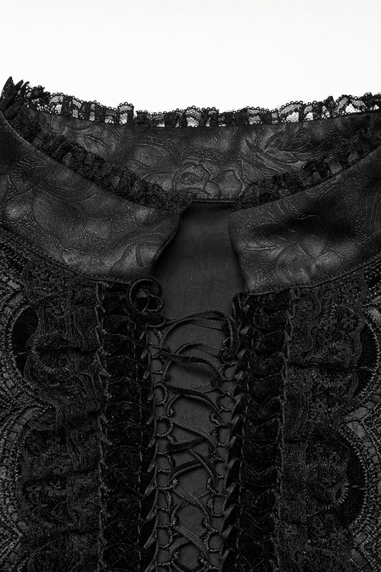 Black Stand Collar Long Sleeves Ruffle Embroidery Lace-Up Plunging Rose Men's Gothic Blouse - Product - 6