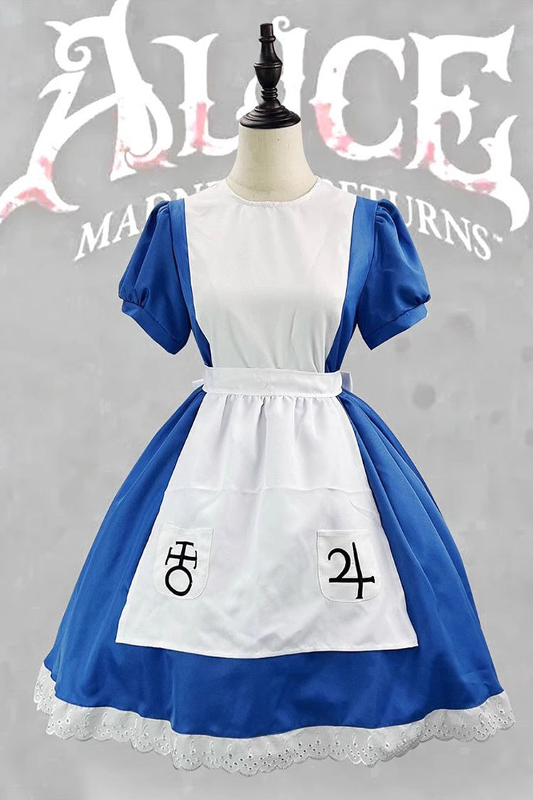 Blue/White [Alice Madness Returns] Short Sleeves Ruffle Sweet Plus Size Lolita Dress Full Set - Product - 3