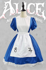 Blue/White [Alice Madness Returns] Short Sleeves Ruffle Sweet Plus Size Lolita Dress Full Set - Product - 3