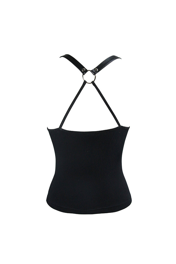Black Chest Inverted Pentagram Chain Backless Metal Ring Leathrt Straps Women's Punk Vest - Product - 8