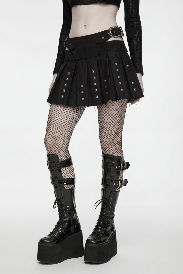 Black Patchwork Studded Pleated Women's Punk Preppy Style Skirt - Product - 5