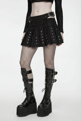Black Patchwork Studded Pleated Women's Punk Preppy Style Skirt - Product - 5
