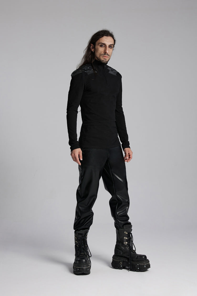 Black Stand Collar Long Sleeves Zip 3D Patch Print Men's Punk T-Shirt - Product - 4