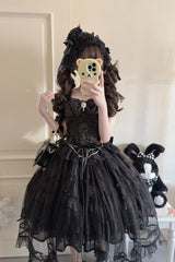 Black [Eternal Vow] Sleeveless Multi-Layered Ruffle Hanayome Bowknot Lace Lace-Up Gothic Lolita Jsk Dress - Product - 6