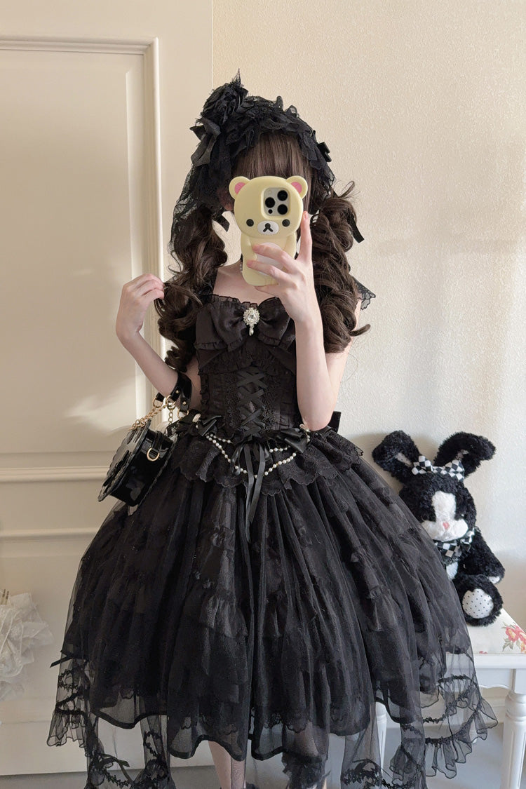 Black [Eternal Vow] Sleeveless Multi-Layered Ruffle Hanayome Bowknot Lace Lace-Up Gothic Lolita Jsk Dress - Product - 6