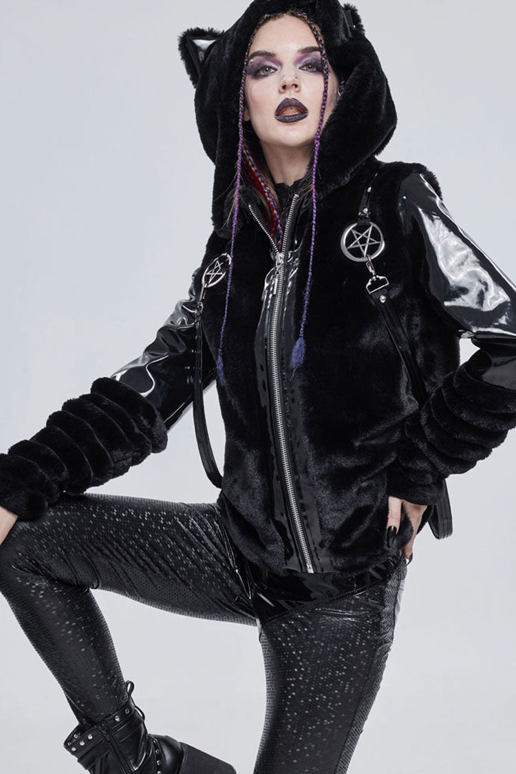 Black Punk Cuff Pleated Design Metal Five-Pointed Star Shape Belt Decoration Cat Ear Women's Coat - Product - 9