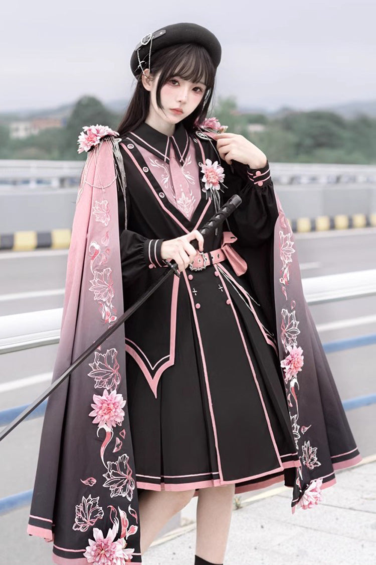 Black/Pink Long Sleeves Ruffle Gothic Military Elegant Princess Lolita Dress - Product - 6