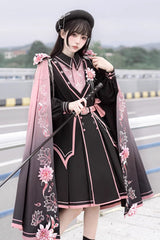 Black/Pink Long Sleeves Ruffle Gothic Military Elegant Princess Lolita Dress - Product - 6