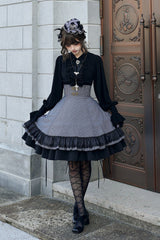 Black [Point Manor] Multi-Layered Striped Printed Ruffled Lifted Hem Bow Gothic Lolita Skirt - Product - 2