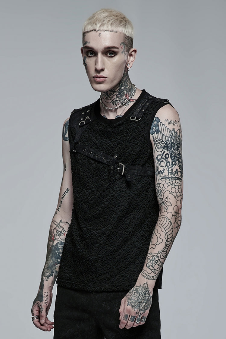 Black Sleeveless Stitching Mesh Buckle Men's Steampunk Vest - Product - 2