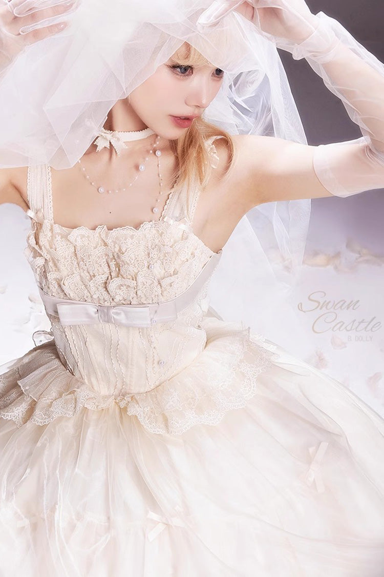 Ivory [Swan Castle] Ruffle Bowknot Lace Sweet Elegant Gorgeous Lolita Jsk Long Dress - Product - 7