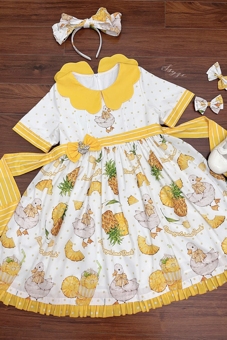 White/Yellow Short Sleeves Duck Print Bowknot Sweet Lolita OP Dress - Product - 5
