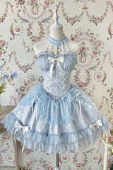 Blue Tube Top Sleeveless Blowknot Ruffled Sweet Lolita Tiered Dress - Blue - 1