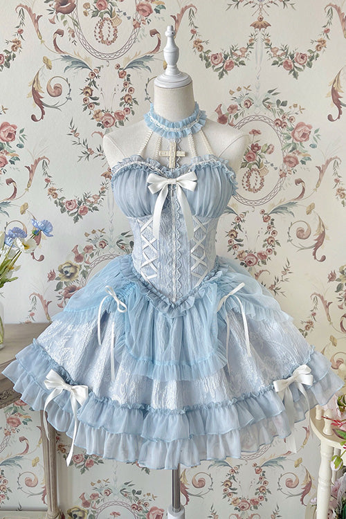 Blue Tube Top Sleeveless Blowknot Ruffled Sweet Lolita Tiered Dress - Blue - 1