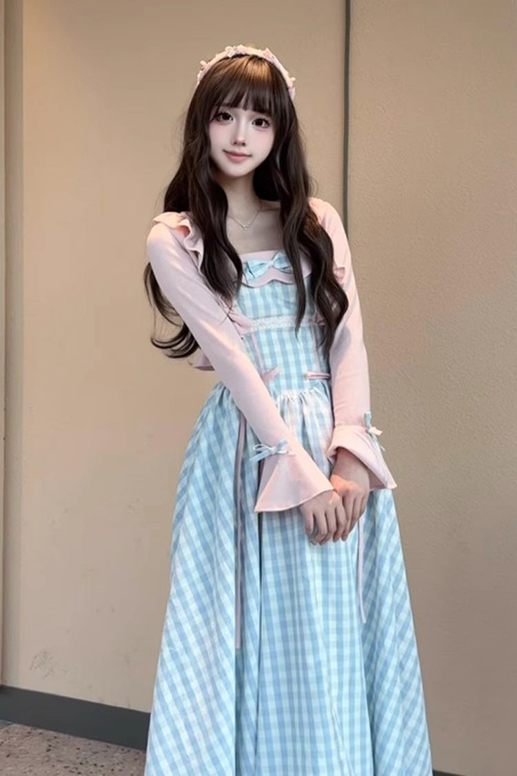 Blue [Sea Salt Strawberries] Sleeveless Plaid Print Bowknot Sweet Lolita Jsk Long Dress - Product - 6